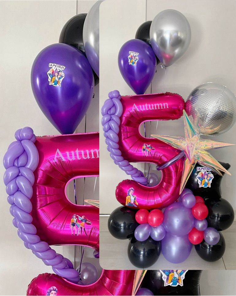 Custom balloon arrangement themes like KPop Demon Hunters
